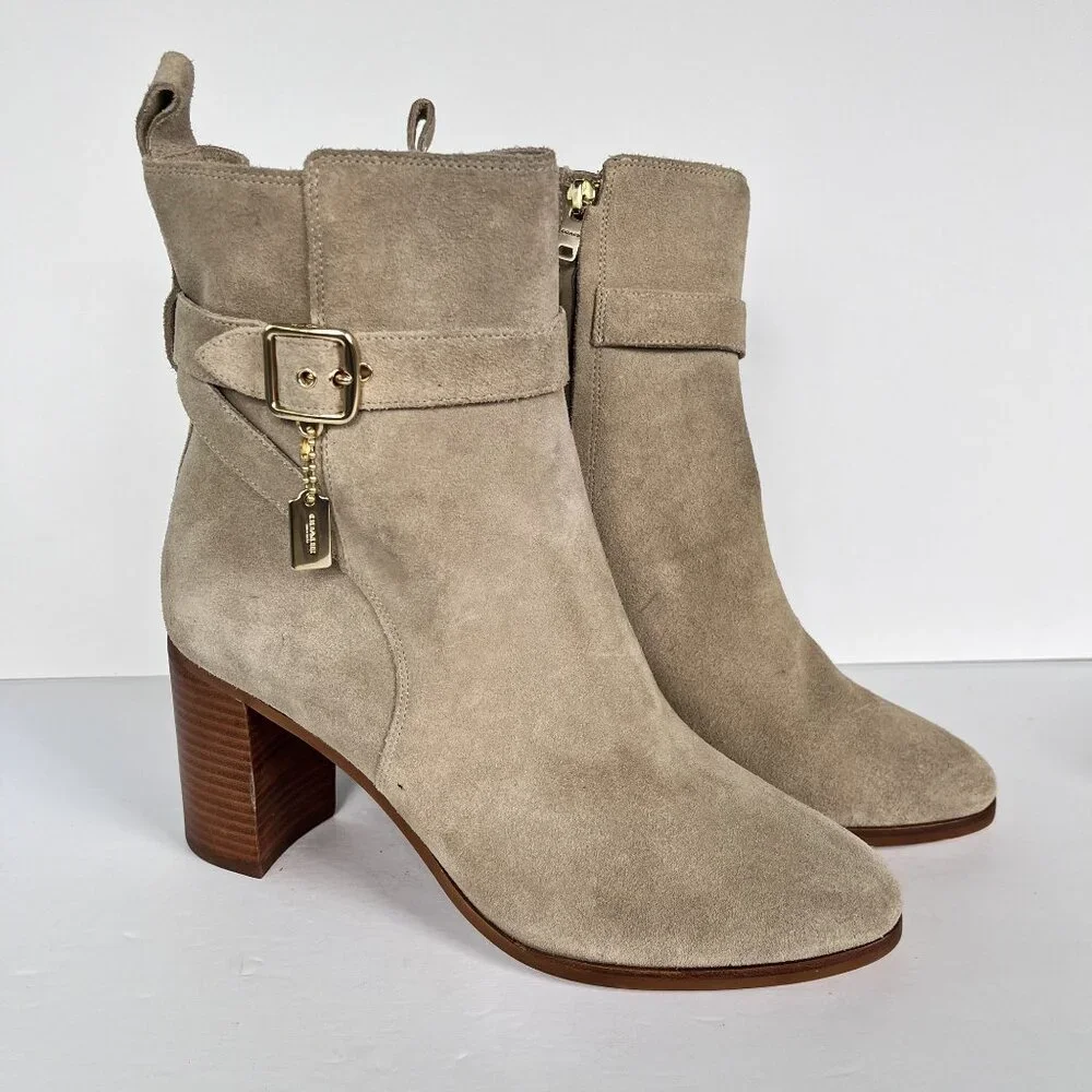 NEW Coach Olivia bootie Suede Block Stacked Heel Tan Zip Ankle Charm 10 - Picture 10 of 12